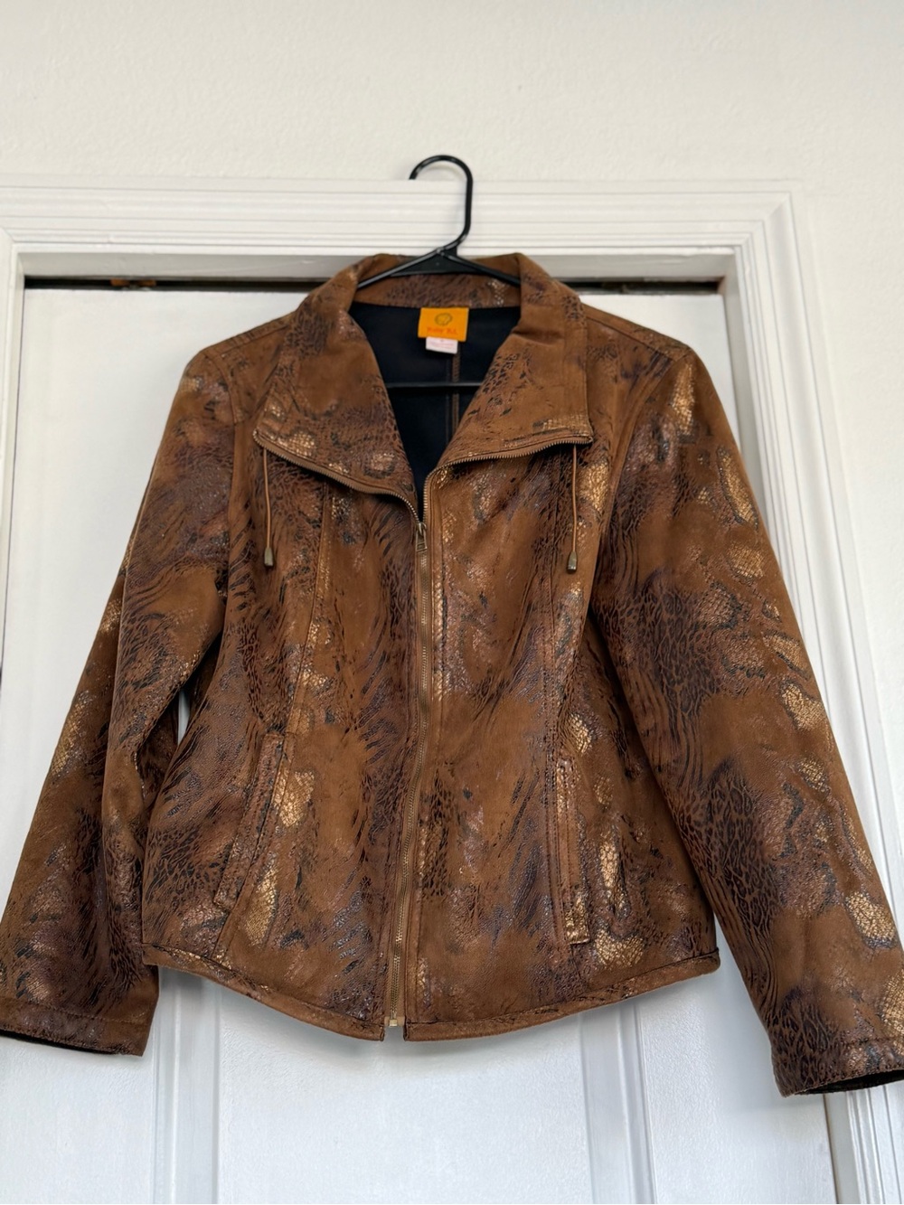 Ruby Rd. Metallic Faux Brown leather Pattern Zip Jacket